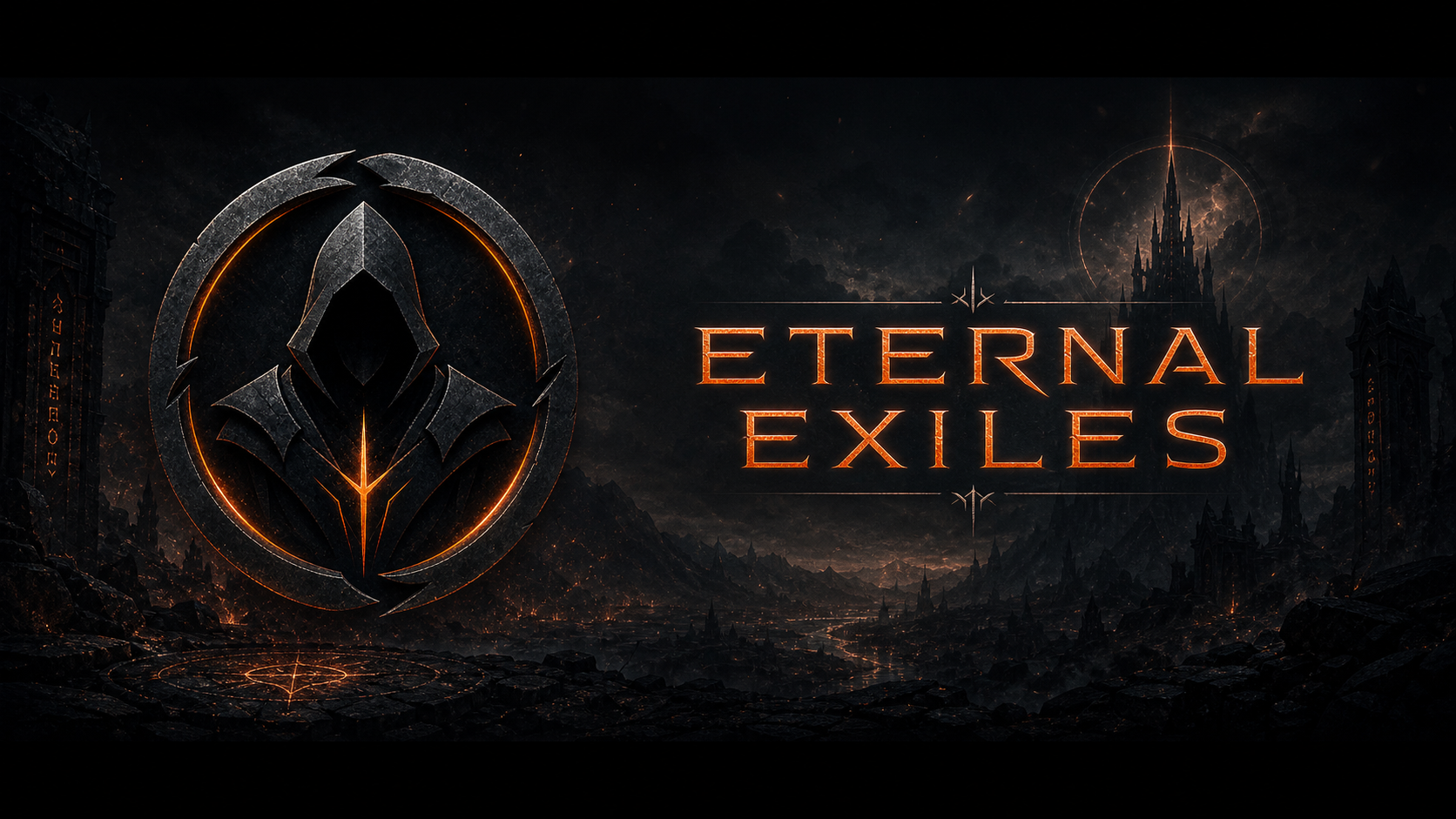 Eternal Exiles banner — hooded emblem over a dark ember landscape